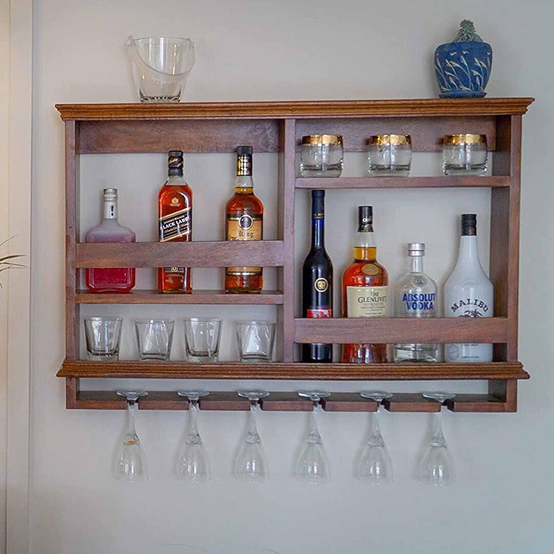 Wooden Wall Mounted Wine Rack Bar With Glass Storage Etsy