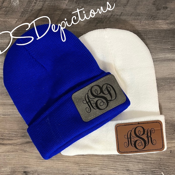 Personalized stocking hats, winter hat, kids stocking hat, monogrammed stocking hat, leather patch, laser engraved patch