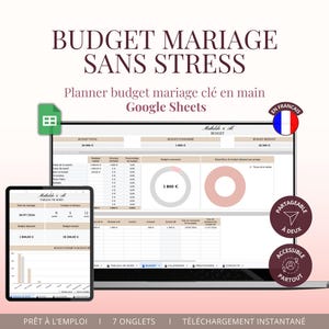 以下が含まれることがあります： Google Sheets でウェディング予算プランナーを表示するラップトップとタブレット。画面にはグラフとデータが表示され、上部には「BUDGET MARIAGE SANS STRESS」というテキストが表示されます。追加のテキストには「PRÊT À L'EMPLOI」と「TÉLÉCHARGEMENT INSTANTANÉ」が含まれています。