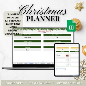 Peut inclure: Un planificateur numérique pour Noël 2023, avec des onglets pour le résumé, la liste des choses à faire, le suivi des cadeaux, la liste des invités, le menu, les recettes et la liste d'épicerie. Le planificateur est affiché sur l'écran d'un ordinateur portable et d'une tablette. Le planificateur comprend un thème de Noël vert et blanc avec une guirlande festive et des lumières.