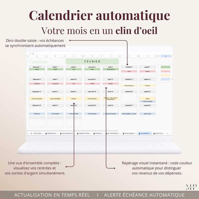 Planejador de Orçamento para Planilhas Google (Francês) | Planilha de Orçamento Automatizada | Controle de Economias e Dívidas | Calendário | Resumo Anual | Painel Mensal imagem 5
