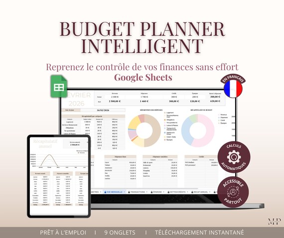 Budget Planner Google Sheets Français | Tableau Budget Automatisé | Suivi Épargne & Dettes | Calendrier | Récap Annuel | Dashboard Mensuel