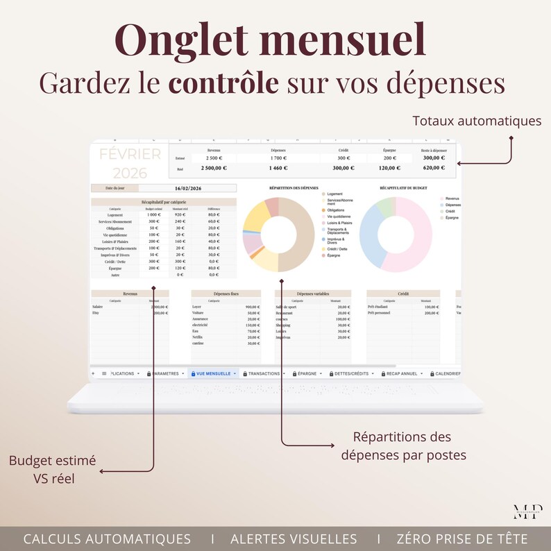 Planejador de Orçamento para Planilhas Google (Francês) | Planilha de Orçamento Automatizada | Controle de Economias e Dívidas | Calendário | Resumo Anual | Painel Mensal imagem 3