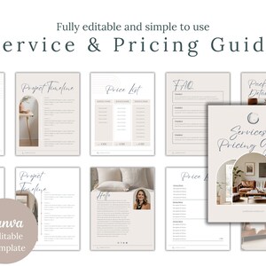 Plantilla de guía de precios y servicios / Libro electrónico editable en Canva / Lista de precios / Incorporación de clientes / Plantilla para pequeñas empresas / Formato A4 + Carta de EE. UU.