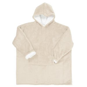 May include: A beige hooded blanket with a large pocket in the front. The blanket is made of soft fleece and has a white sherpa lining.