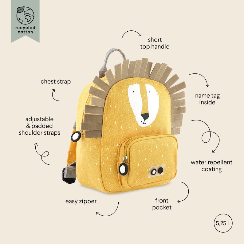 May include: Yellow backpack with a lion face design, featuring a front pocket, easy zipper, and adjustable shoulder straps. It has a water-repellent coating and a 5.25 L capacity. Made from recycled cotton.