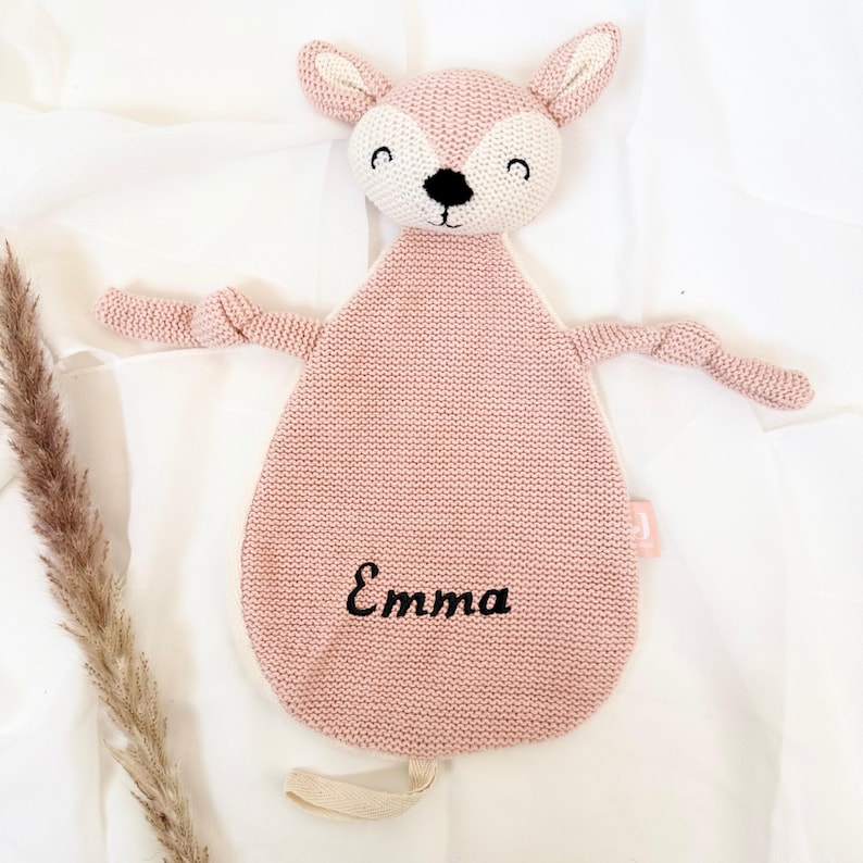 Doudou personnalisé avec attache tétine – Embroidered Name Pacifier Clip Animal Blanket Cerf rose