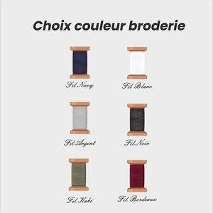May include: An image displaying six spools of thread in navy, white, silver, black, khaki, and burgundy. Each spool is labelled with its colour name in French. The text "Choix couleur broderie" is at the top of the image.