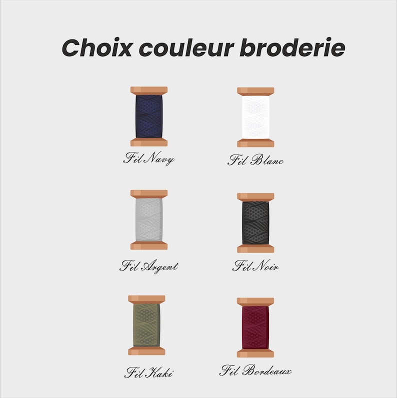 May include: An image displaying six spools of thread in navy, white, silver, black, khaki, and burgundy. Each spool is labelled with its colour name in French. The text "Choix couleur broderie" is at the top of the image.