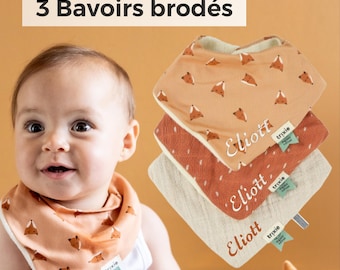 Lot de 3 Bavoirs bébé brodés avec Prénom - cadeau bébé, idée cadeau de naissance personnalisé