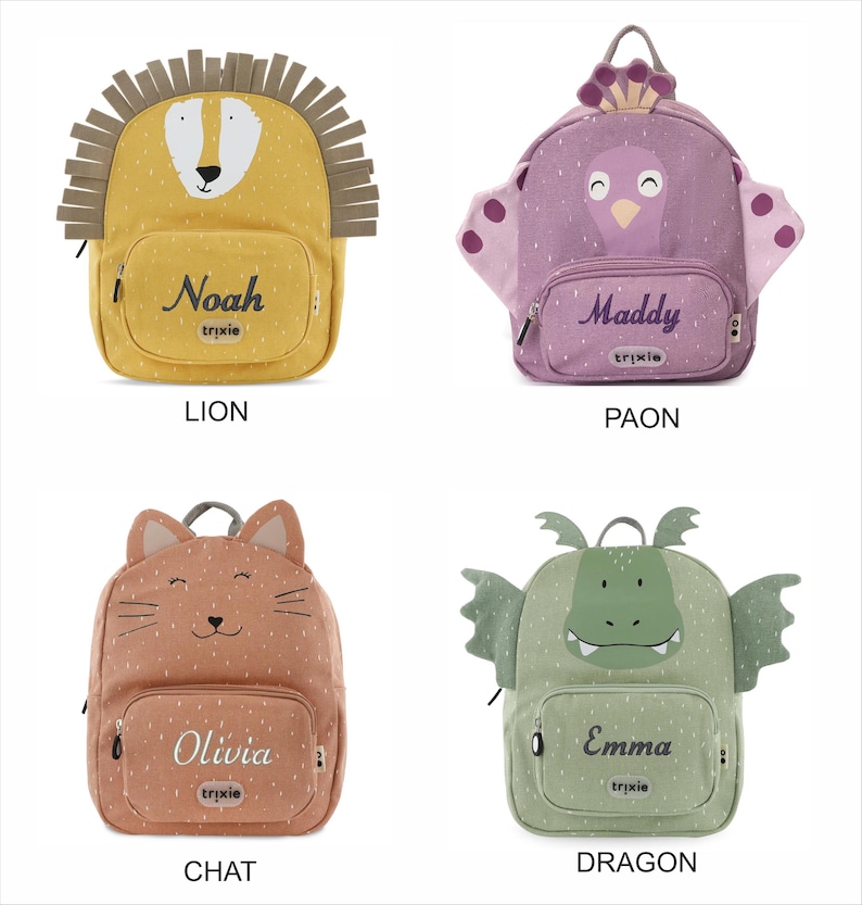 May include: Four children's backpacks in various animal designs. The lion backpack is yellow with a brown mane and the name "Noah". The peacock backpack is purple with wings and the name "Maddy". The cat backpack is peach with the name "Olivia". The dragon backpack is green with the name "Emma".