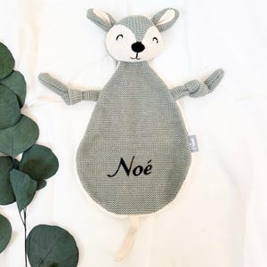 Doudou personnalisé avec attache tétine – Embroidered Name Pacifier Clip Animal Blanket Cerf bleu