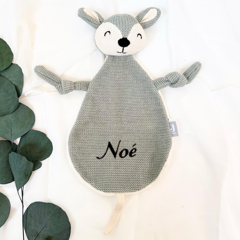 Doudou personnalisé avec attache tétine – Embroidered Name Pacifier Clip Animal Blanket Cerf bleu