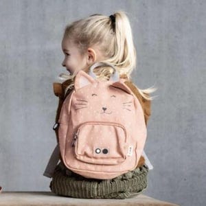 May include: A pink backpack with a cat face design. The backpack has a front pocket, a top handle, and adjustable straps. The cat face features whiskers, eyes, and ears. The backpack is worn by a child.