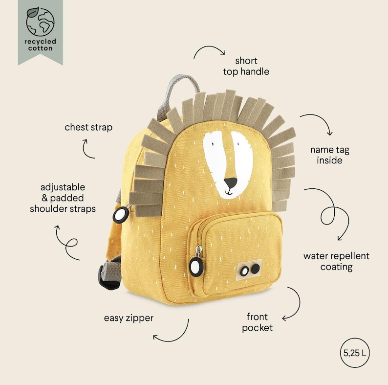 May include: Yellow lion-themed backpack made from recycled cotton. Features a front pocket, easy zipper, adjustable shoulder straps, and a chest strap. Includes a short top handle and a water-repellent coating. The backpack has a 5.25 L capacity.