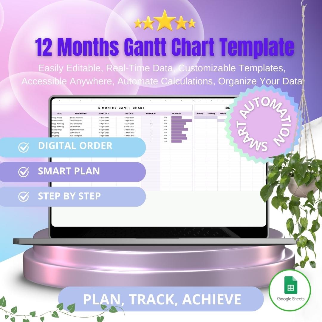 12 Months Gantt Chart Template | Google Sheets Project Planner | Task ...