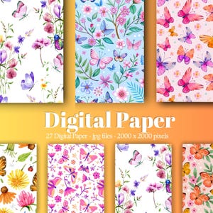 Floral Butterfly Digital Paper, Watercolor Spring Flowers, Pastel Backgrounds, Scrapbooking Paper Pack, Printable JPG Bundle