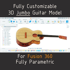 Peut inclure: Modèle 3D d'une guitare jumbo, rendu en grain de bois clair avec des accents de bois foncé. L'image comprend le texte "Fully Customizable 3D Jumbo Guitar Model" et "For Fusion 360 Fully Parametric."