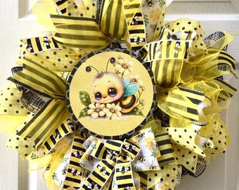 Corona de abeja para primavera, corona de verano con letrero de abeja para la puerta principal, corona de abejorro, corona con abeja, corona de primavera, decoración de abejas