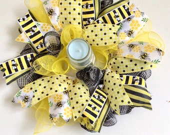 Bee Candle Holder Centerpiece: Yellow & Black Deco Mesh, 17&quot;