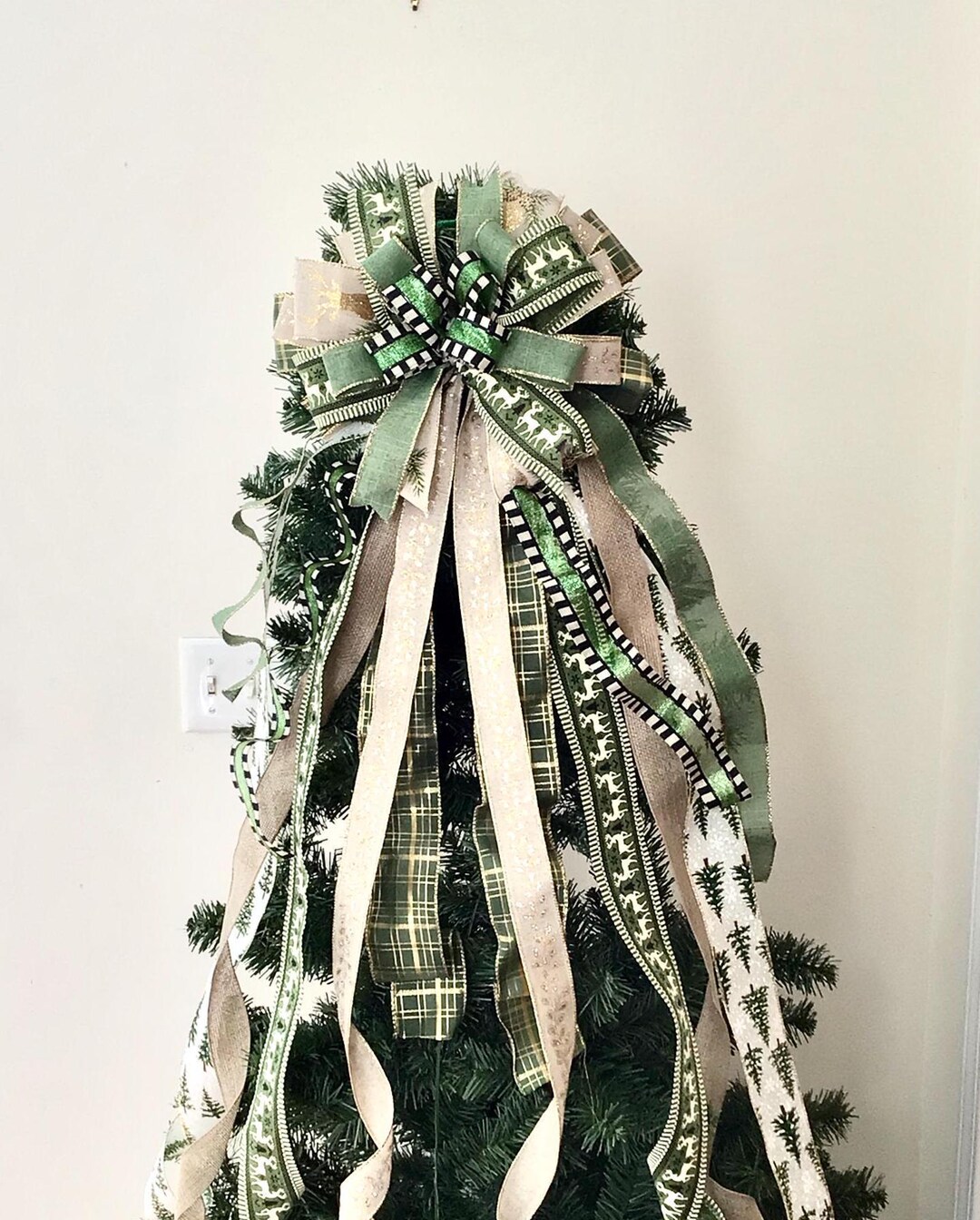 Christmas Reindeer Tree Topper Bow With Long Streamers. Green Gold