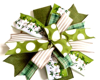 Lazo de corona de magnolia, cinta con doble estampado, decoración para el hogar en verde kiwi y blanco