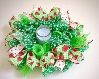 14&quot; Summer Fruit Watermelon Deco Mesh Centerpiece / Candle Holder - Green & Red