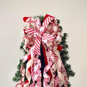Burgundy Santa Clause Christmas Tree topper Bow with long streamers, santa clause bow for Lantern, Burgundy Christmas gift bow, Santa accent