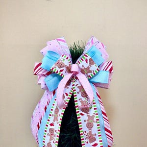 Pink and teal gingerbread Christmas tree bow, pink Christmas wreath bow, candy lane ribbon,  Gingerbread ribbon, pastel Christmas