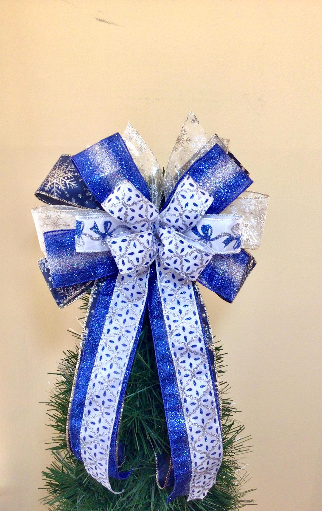 Royal Blue and Silver Christmas Tree Topper Bow, Snowflake Bow, Free