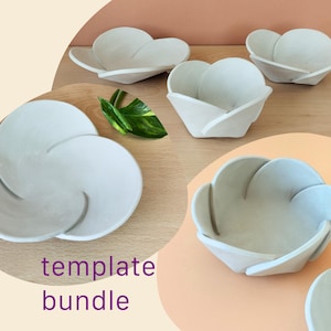 Peut inclure: Une collection de bols en céramique blanche avec un design en couches rappelant des pétales. Les bols présentent des segments incurvés qui se chevauchent pour former une fleur. Le texte "template bundle" est imprimé en violet en bas à gauche.