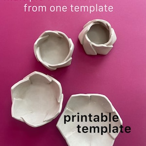 May include: Four small, white ceramic bowls with textured surfaces are displayed on a pink background. The bowls have varying shapes, including a flower-like design and a hexagonal form. Text on the image reads "multiple versions from one template" and "printable template."