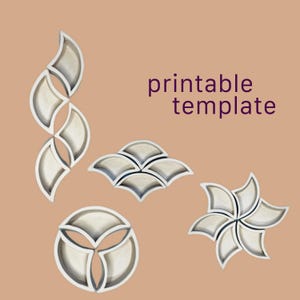 May include: A printable template featuring four distinct geometric arrangements of white, curved, fan-shaped segments. The shapes are organized into a vertical wave, a horizontal fan, a circular cluster, and a star-like pattern on a tan background.