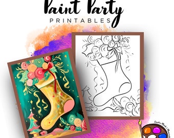 Kerst getekende schets canvas | DIY Verffeest | Volwassen verffeest afdrukbaar | Canvasafdrukbaar | Verf & Sip | Png digitale download