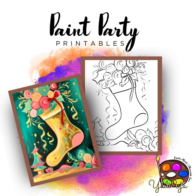 Pode incluir: Um design de pintura de festa imprim&iacute;vel com uma meia de Natal cheia de flores. A meia &eacute; dourada com detalhes em rosa e &eacute; cercada por folhagem verde e uma fita dourada. O design est&aacute; sobre um fundo verde com detalhes de purpurina dourada.