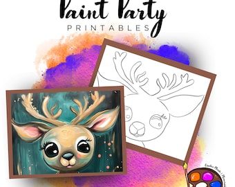May include: A printable paint party design featuring a cute cartoon reindeer with large eyes. The design is available in both a colored and a black and white outline version. The text "Paint Party Printables" is at the top of the image.