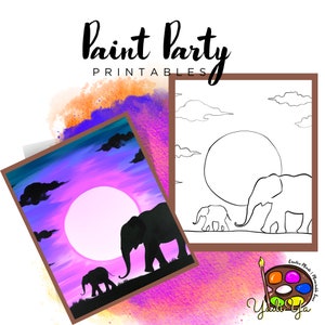May include: A printable paint party design featuring a silhouette of two elephants walking in front of a large, white moon. The background is a gradient of purple, pink, and blue with clouds. The design is also available as a black and white outline for coloring.