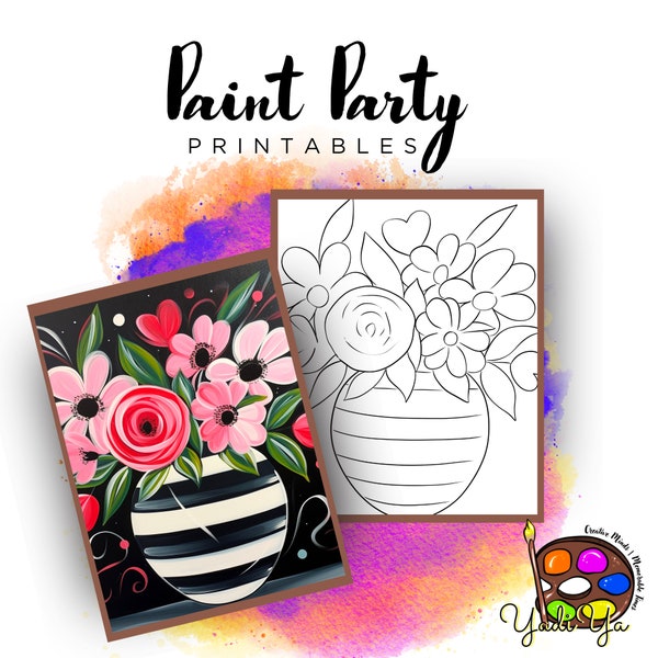 Flower  |Pre Drawn Outline Canvas | Diy Paint Party | Adult Paint Party Printable | Canvas Printable | Paint & Sip | Png Digital Download