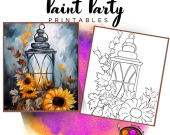Lantern & Sunflower Paint Party Canvas Outline (Digital Download)