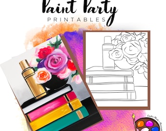 Books & Flowers Paint Party Outline | DIY Canvas Printable (Digital Download)