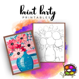 Flores Pre Dibujado Contorno Lienzo / Diy Paint Party / Adult Paint Party Imprimible / Lienzo Imprimible / Paint & Sip / Png Descarga Digital