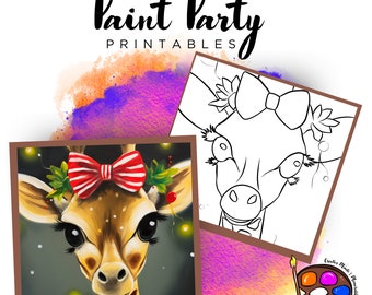 May include: Two giraffe-themed printable art pieces. One is a colorful painting of a giraffe with a red and white bow, the other is a black and white outline of a giraffe. The text "Paint Party Printables" is at the top.