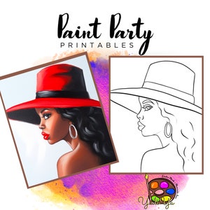 Lienzo con contorno prediseñado para mujer / Fiesta de pintura para adultos / Fiesta de pintura para adultos imprimible / Lienzo imprimible / Pintura y bebida / Descarga digital PNG