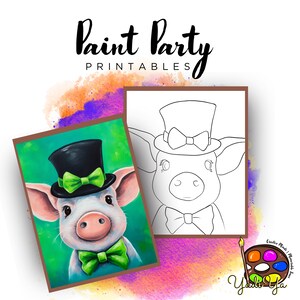 Puede incluir: Un diseño de fiesta de pintura imprimible con un cerdo que lleva un sombrero de copa negro con una pajarita verde y una pajarita verde alrededor del cuello. El diseño está sobre un fondo verde. La imagen también incluye un contorno en blanco y negro del cerdo para colorear.