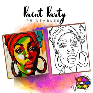 Lienzo con contorno prediseñado para mujer / Fiesta de pintura para adultos / Fiesta de pintura para adultos imprimible / Lienzo imprimible / Pintura y bebida / Descarga digital PNG