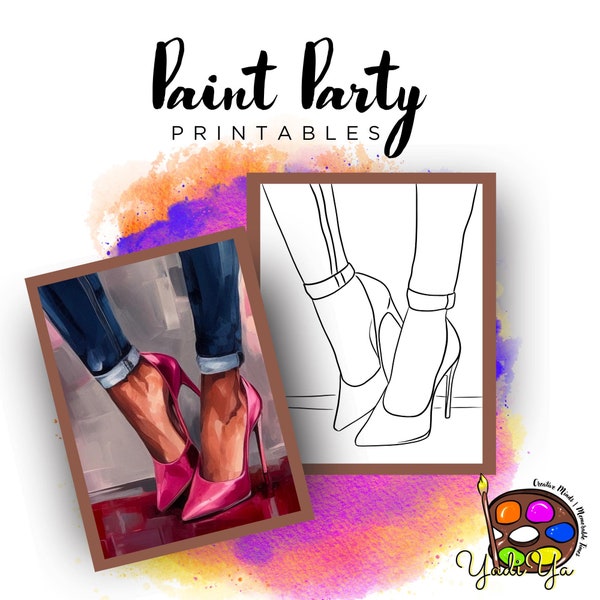 Women Shoes Pre Drawn Outline Canvas | Diy Paint Party | Adult Paint Party Printable | Canvas Printable | Paint & Sip | Png Digital Download