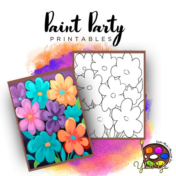 Flowers Pre Drawn Outline Canvas | Diy Paint Party | Adult Paint Party Printable | Canvas Printable | Paint & Sip | Png Digital Download