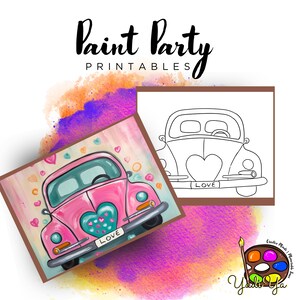 Coche rosa / Lienzo de contorno predibujado / Fiesta de pintura diy / Fiesta de pintura para adultos imprimible / Lienzo imprimible / Pintura y sorbo / Descarga digital png