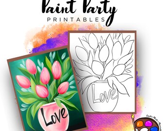 Bloemen | Vooraf getekend overzichtsdoek | DIY Verffeest | Volwassen verffeest afdrukbaar | Canvasafdrukbaar | Verf & Sip | Png digitale download