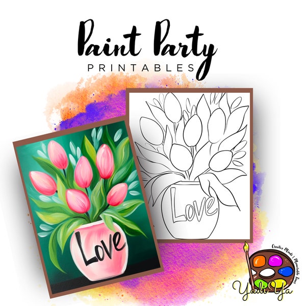Flowers | Pre Drawn Outline Canvas | Diy Paint Party | Adult Paint Party Printable | Canvas Printable | Paint & Sip | Png Digital Download